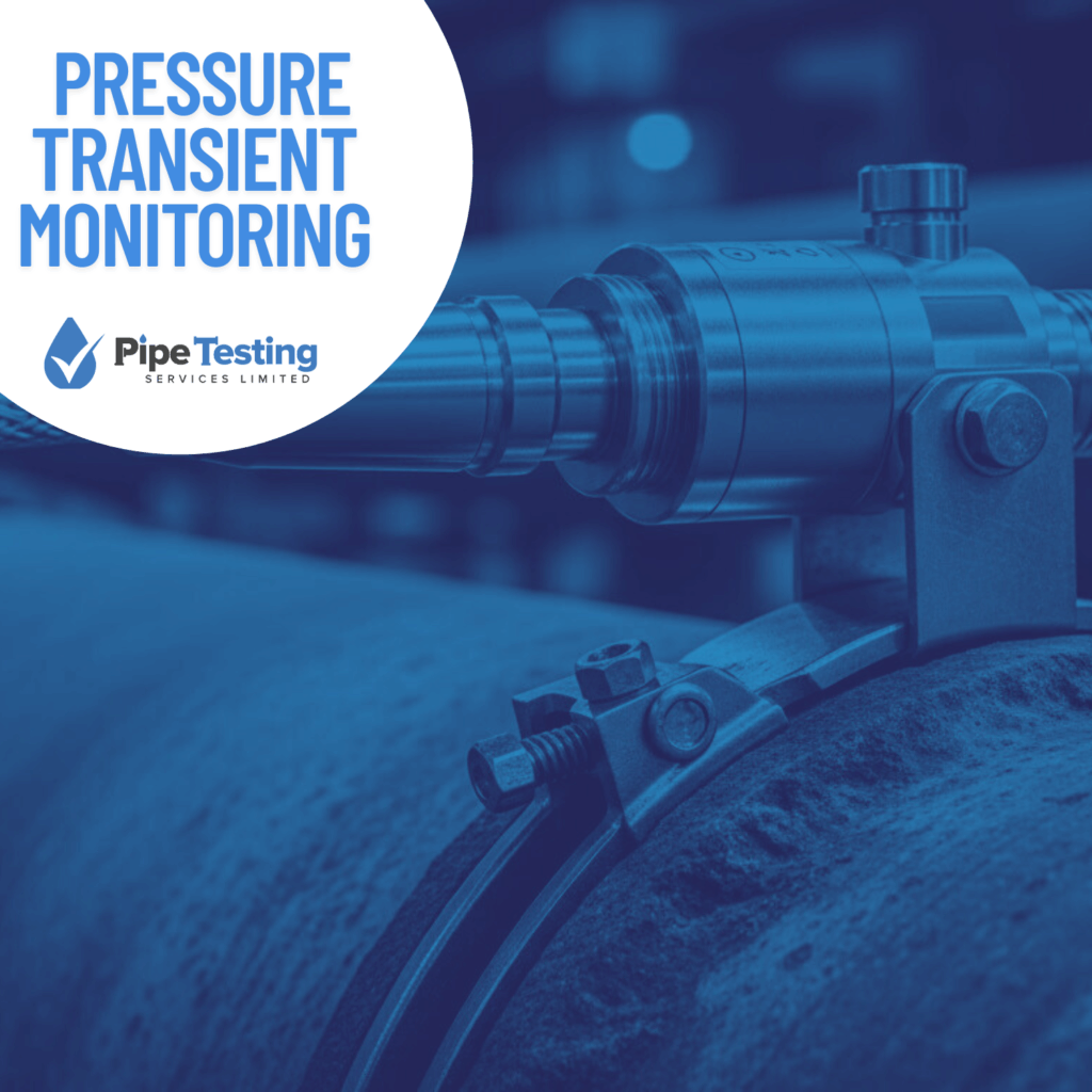 A guide to Pressure Transient Monitoring by Pipe Testing Services, over a background image of a high-frequency sensor clamped to an industrial pipeline.
