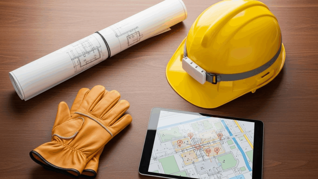 A professional contractor's desk showing a yellow hard hat, leather gloves, rolled-up blueprints, and a tablet with a site plan.