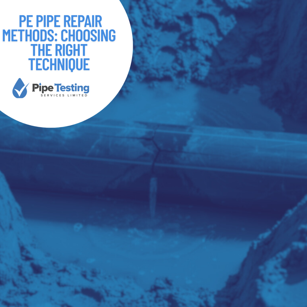 A guide to PE Pipe Repair Methods by Pipe Testing Services, over a background image of a cracked and leaking PE pipe.