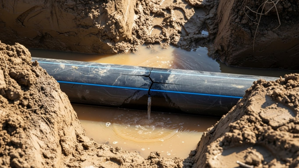 A cracked black PE pipe in a muddy trench, with water spraying upwards from the crack, representing a pipeline failure