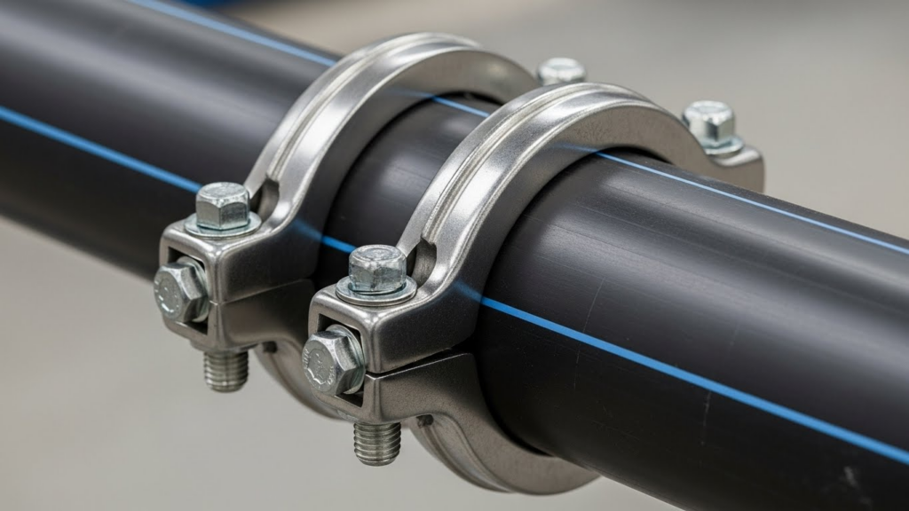 A close-up of a stainless steel mechanical repair clamp bolted securely around a black PE pipe, used for temporary or emergency repairs