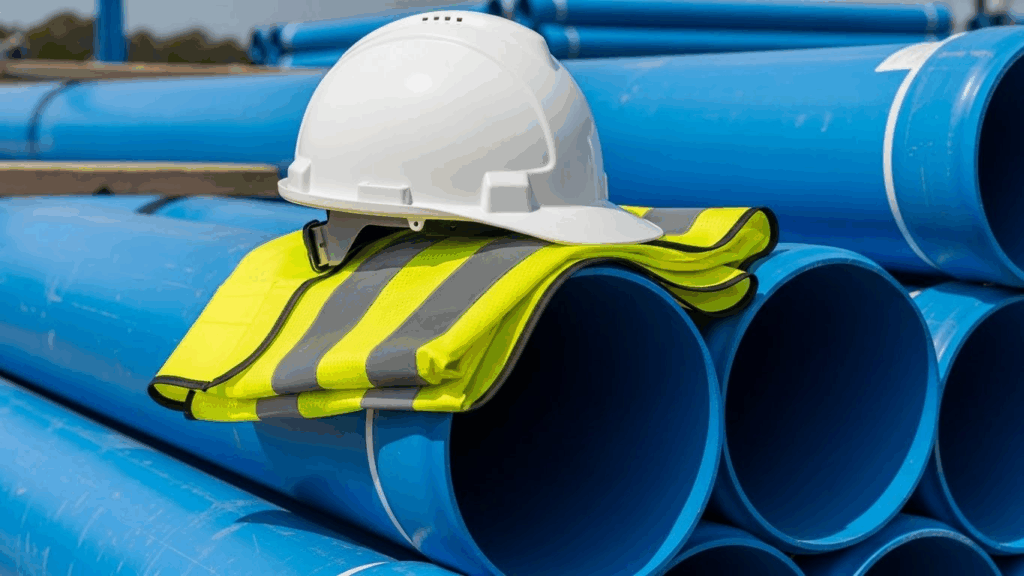 A white contractor's hard hat and a high-visibility vest resting on a stack of new, large-diameter blue water pipes on a construction site.