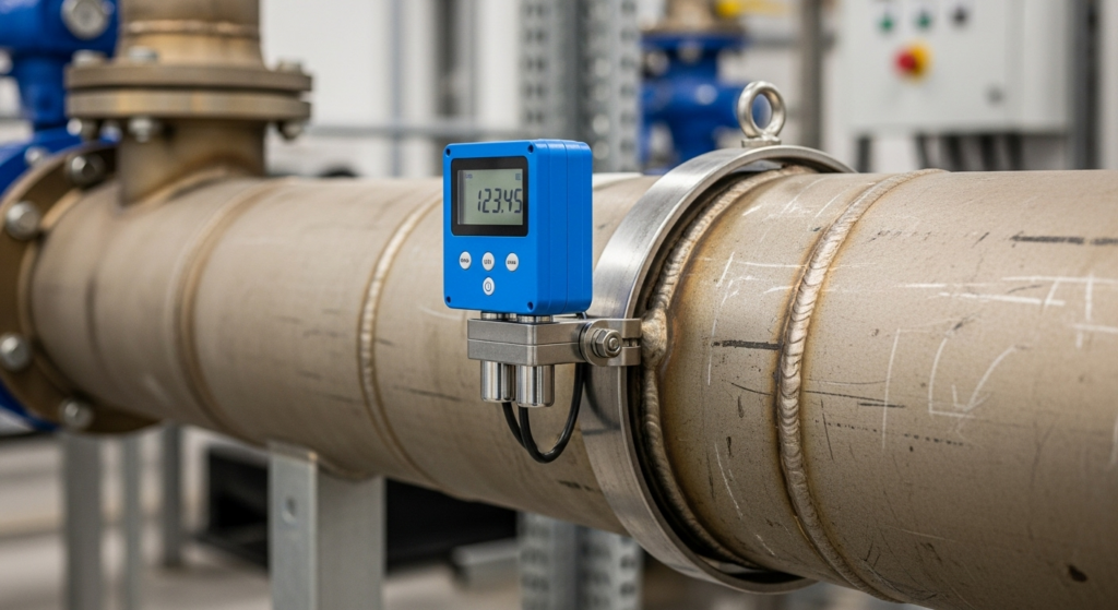 A modern, blue ultrasonic flow meter clamped onto a large industrial pipeline in a plant room, used for conducting a professional flow survey.