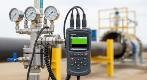 A professional digital data logger connected to a pressure testing rig on a pipeline site, displaying a successful test graph.