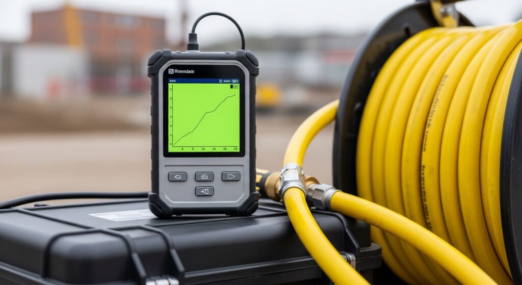 A professional digital pressure testing data logger displaying a successful test graph, connected to yellow high-pressure hoses.