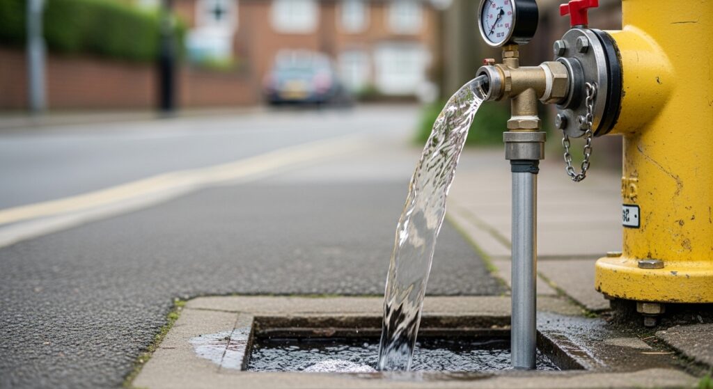 A professional flow testing standpipe connected to an underground hydrant, demonstrating how dynamic pressure and flow rates are measured.