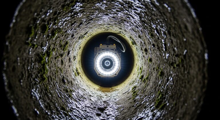 An internal view of a concrete drainage pipe being inspected by a remote-controlled CCTV crawler camera with a bright LED light ring.